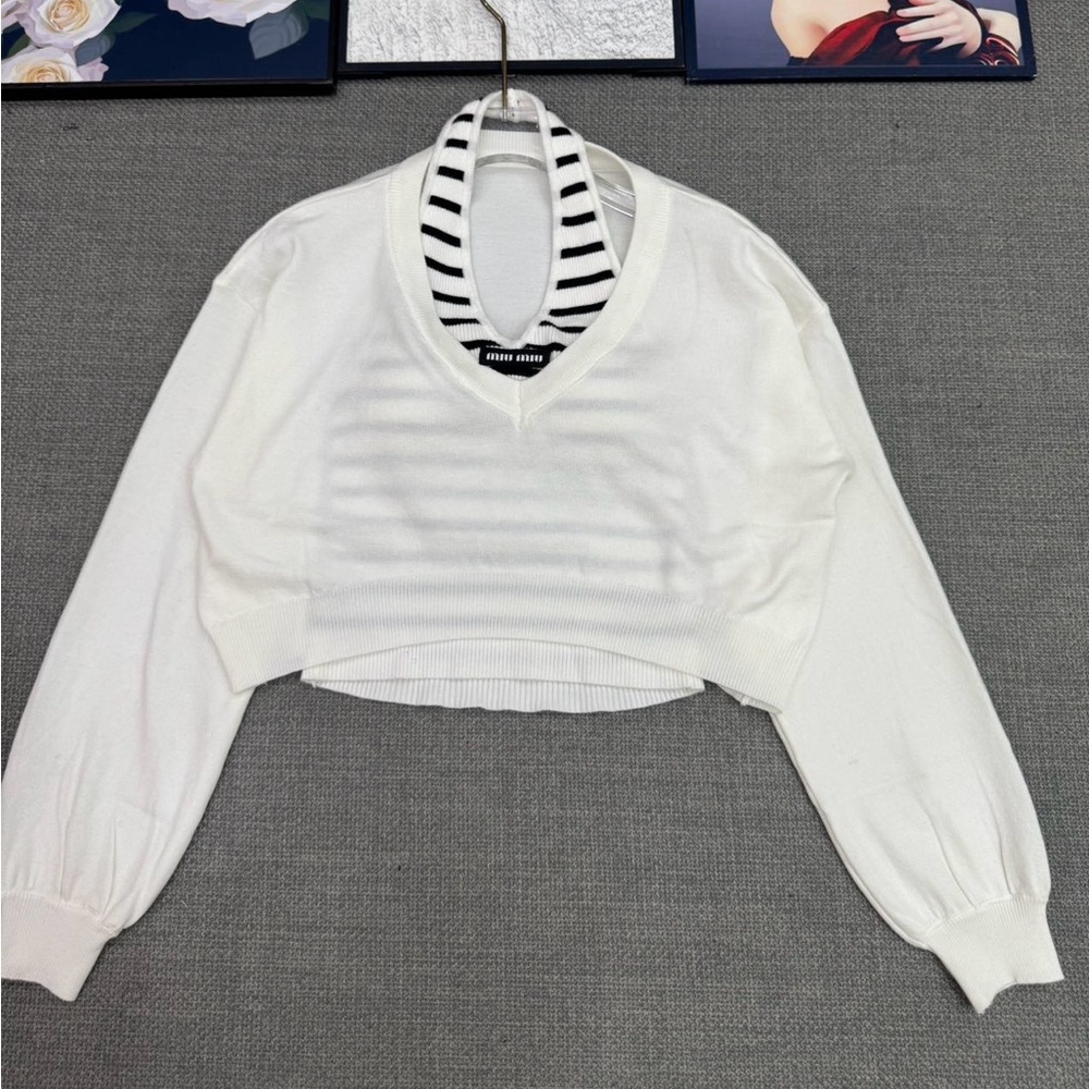 Miu Miu White Cropped V-Neck Knit Top with Black-White Striped Insert